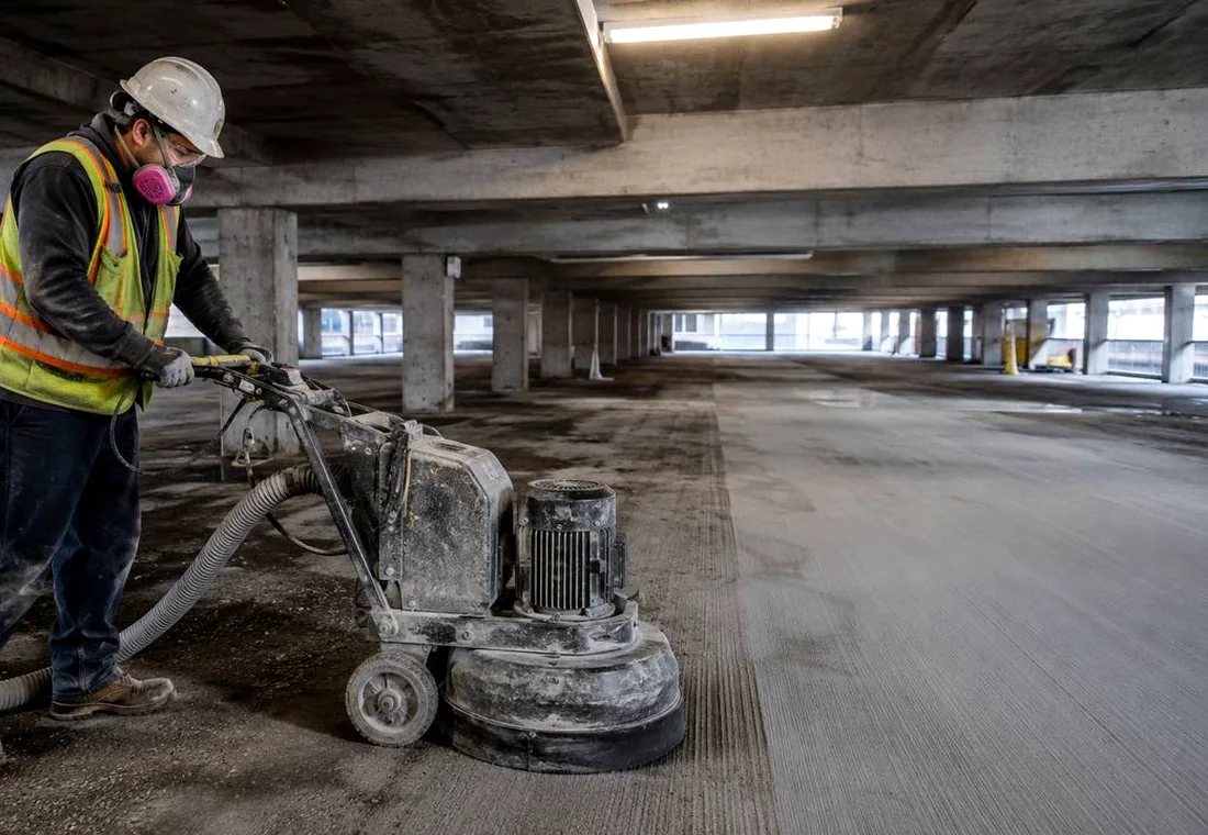 Worker in respirator and high-visibility PPE grinding concrete in a parkade near concrete columns