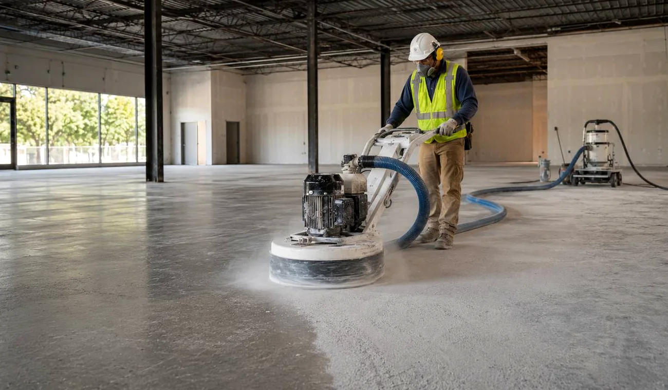 Concrete grinding with dust extraction and construction PPE in a commercial interior